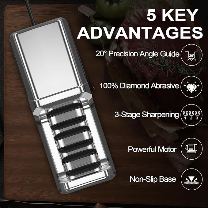 Electric Knife Sharpener for Kitchen – Professional 3-Stage 100% Diamond System with 20° Precision Angle, Quickly Sharpening, Polish Blades/Repairing/Restoring