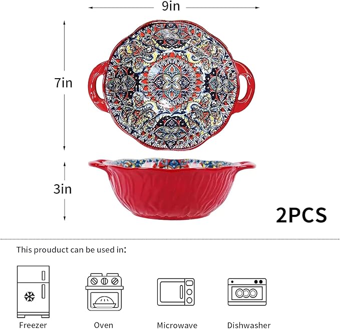 2 Pack Boho Ceramic Serving Bowls with Handles, 40 Oz Porcelain Salad Bowls, Large Serving Dishes for Entertaining, Mixing Bowls for Soup, Stew, Pasta, Cereal, Colorful Embossed Cute Bowls Set SH