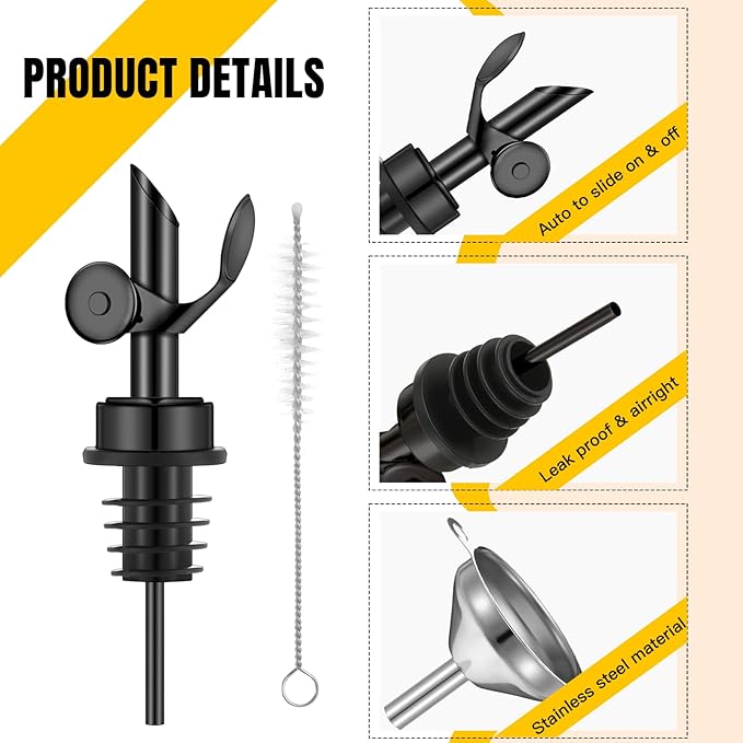 Tioncy 4 Pieces Weighted Stainless Steel Pourers Olive Oil Spout Olive Oil Dispenser Spout Automatic Opening and Closing with Funnel and Brush for Pouring Wine Syrup Kitchen(Black)