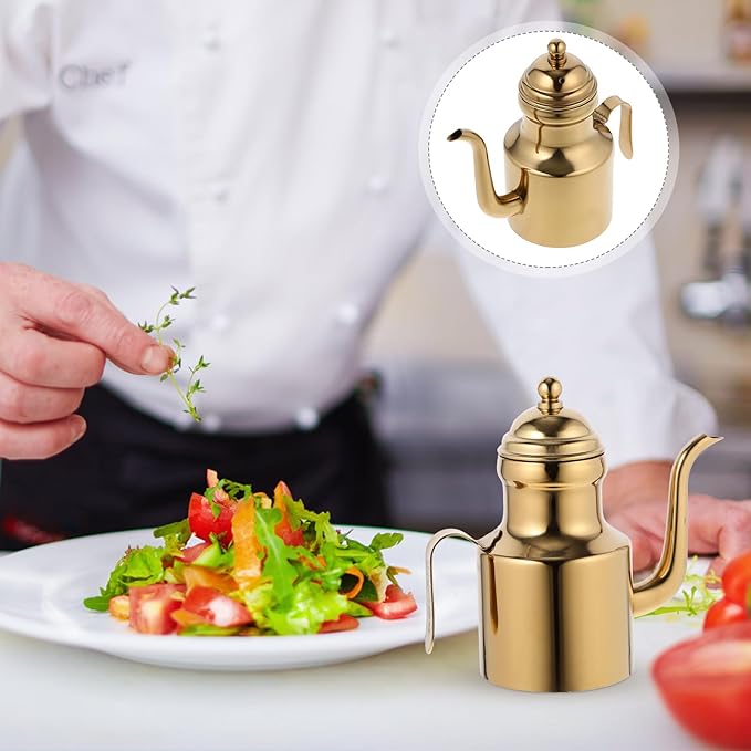 Stainless Steel Oil Bottle, 11oz Olive Oil Dispenser, Drip Free Spout, Oil Dispenser for Kitchen, Vinegar Pot, B-Golden