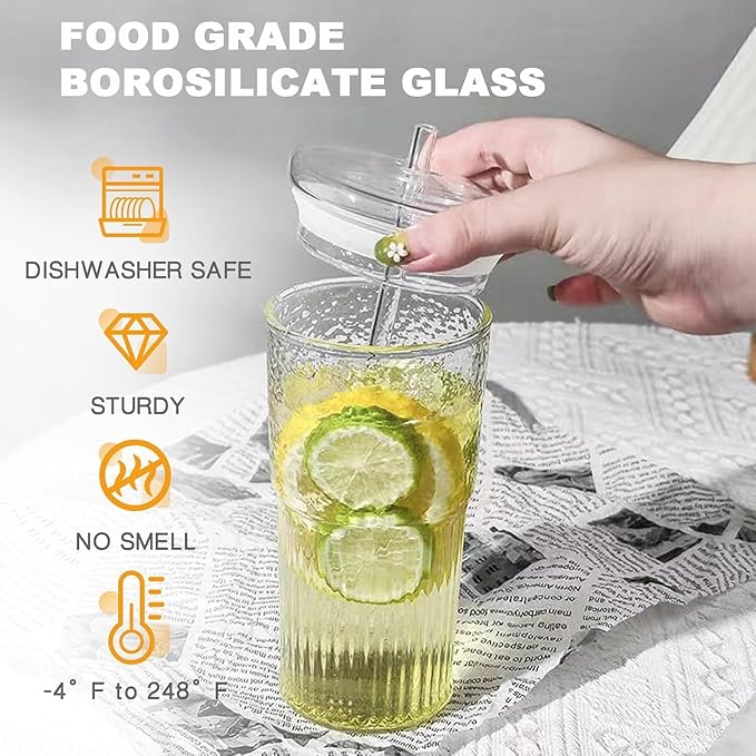 Glass Tumbler with Straw and Lid, 20 OZ Clear Iced Coffee Glasses Cups for Ice Water, Juice, Tea, Milk, Smoothie and Cold or Hot Drinks, Set of 2