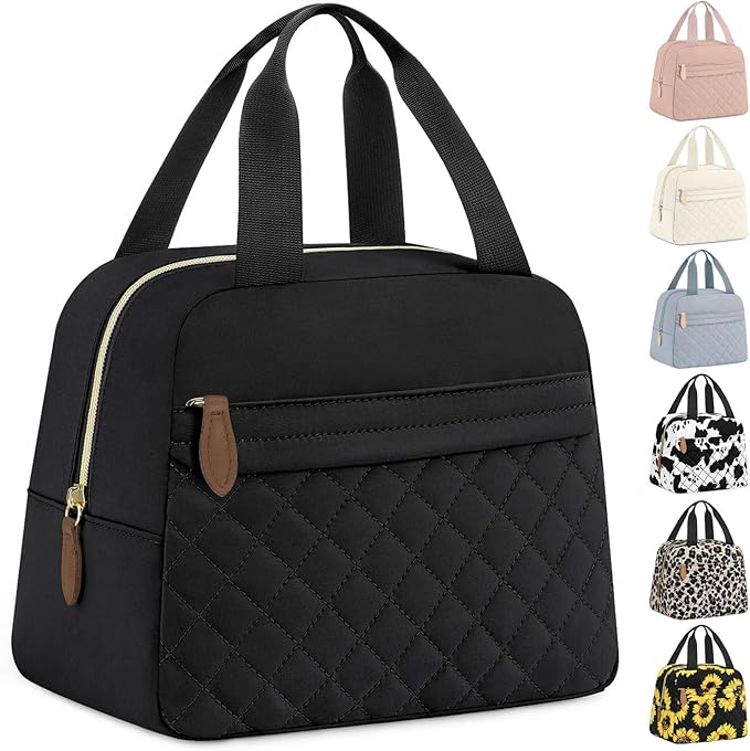 Insulated Lunch Bag for Women, Portable Lightweight Lunch Box for Adults, Reusable Small Lunch Tote Cooler Bags with Front Zipper Pocket for Work School Picnic(Black)