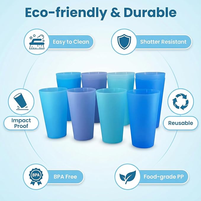 32-ounce Cups, BPA-free Plastic Tumblers Reusable Dishwasher Safe Set of 12 in 4 Assorted Colors Large Drinking Glasses
