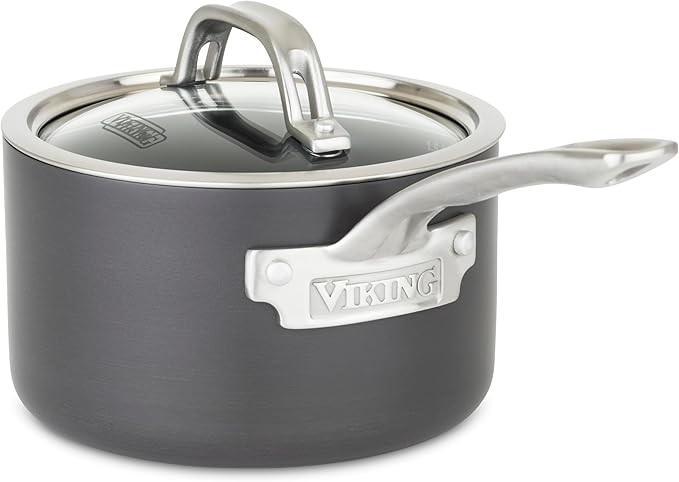 Viking Non Stick Sauce Pan with Glass Lid, 2 Quart Hard Anodized Nonstick Saucepan Cooking Pot, Dishwasher and Oven Safe, Induction Ready, Gray