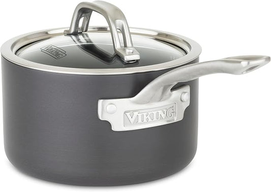 Viking Non Stick Sauce Pan with Glass Lid, 2 Quart Hard Anodized Nonstick Saucepan Cooking Pot, Dishwasher and Oven Safe, Induction Ready, Gray