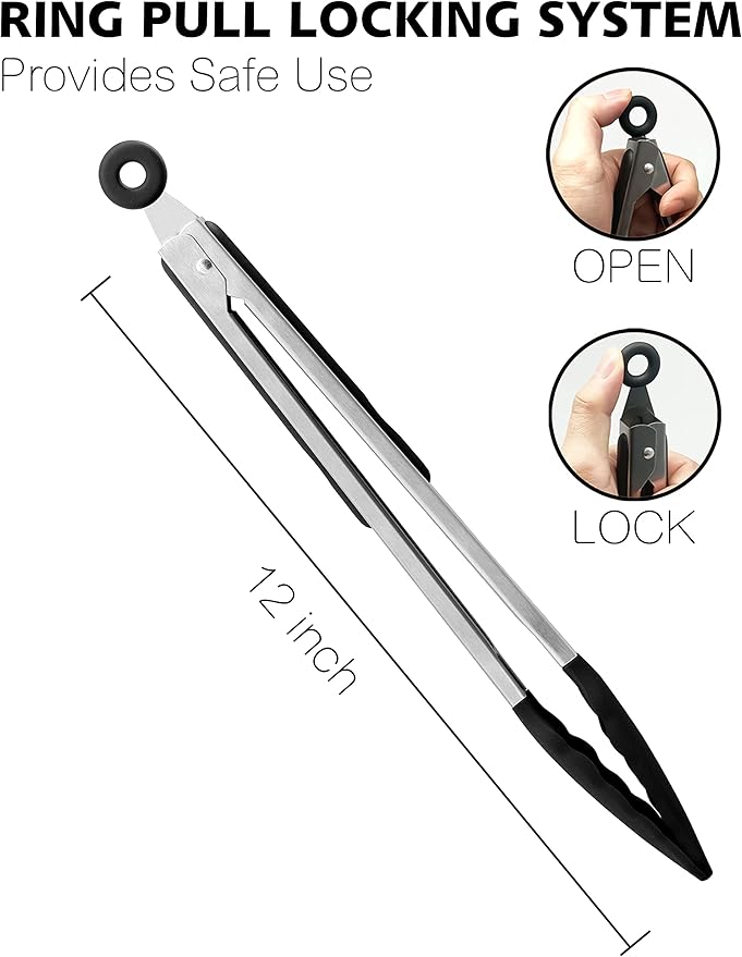 Anaeat Non-Stick Silicone Locking Tong - Stainless Steel 12" Kitchen Food Tongs with Non-Slip Silicone Tips and Grip for Cooking, Baking and BBQ - Heat Resistant up to 480°F (Black)