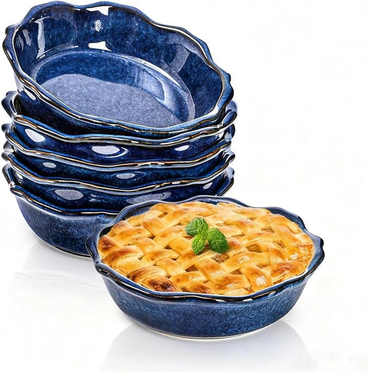 Peohud 6 Pack Ceramic Mini Pie Pans, 6 Inch Small Blue Pie Plate, 12 Oz Individual Pie Dish, Round Pot Pie Baking Dishes with Ruffled Edge for Dessert, Apple Pie, Microwave, Oven Safe