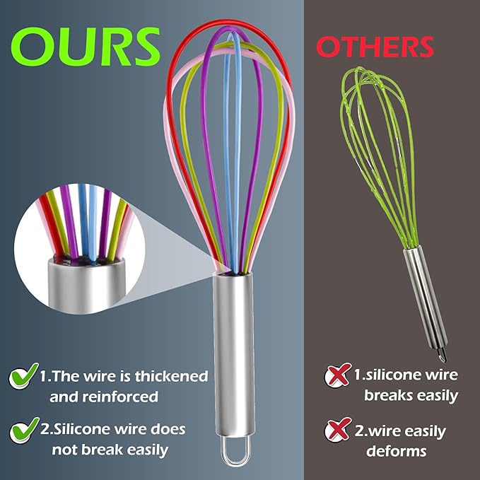 Silicone Whisk, 3 PCS Stainless Steel Wire Whisk Set, Rubber Whisks for Cooking, Non-stick Cookware, Kitchen, Balloon Egg Beater Perfect for Blending, Whisking, Rainbow