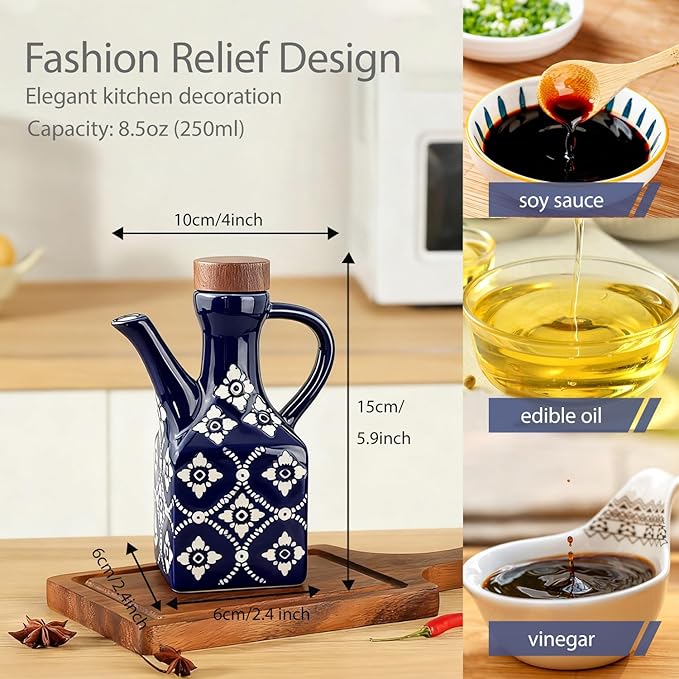 Olive Oil Dispenser Bottle Ceramic，8.5 Oz Decoration Oil Dispenser for Kitchen，Leakproof Oil And Vinegar Container with Handle，Italian Cooking Oil Cruet，Easy Pour (Blue)