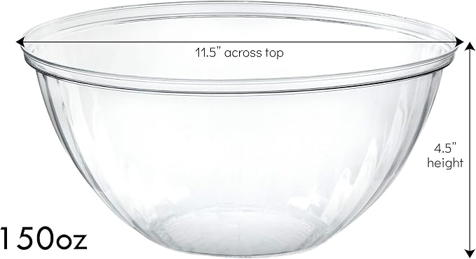 PLASTICPRO Disposable 150 Ounce Round Crystal Clear Plastic Serving Bowls, With Lids Party Snack or Salad Bowl, Chip Bowls, Snack Bowls, Candy Dish, Salad Container Pack of 8 Dough Rising Bowls