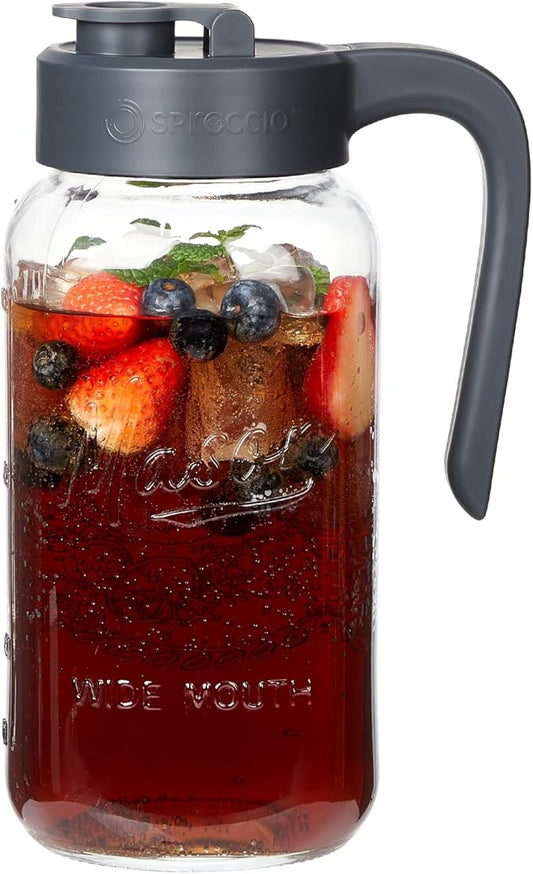 64 oz Mason Jar Pitcher with Lid - Wide Mouth, 2 Quart Glass Water Pitcher with Lid - Heavy Duty, Leak Proof - Sun & Iced Tea, Cold Brew Coffee, Lemonade, Breast Milk Storage
