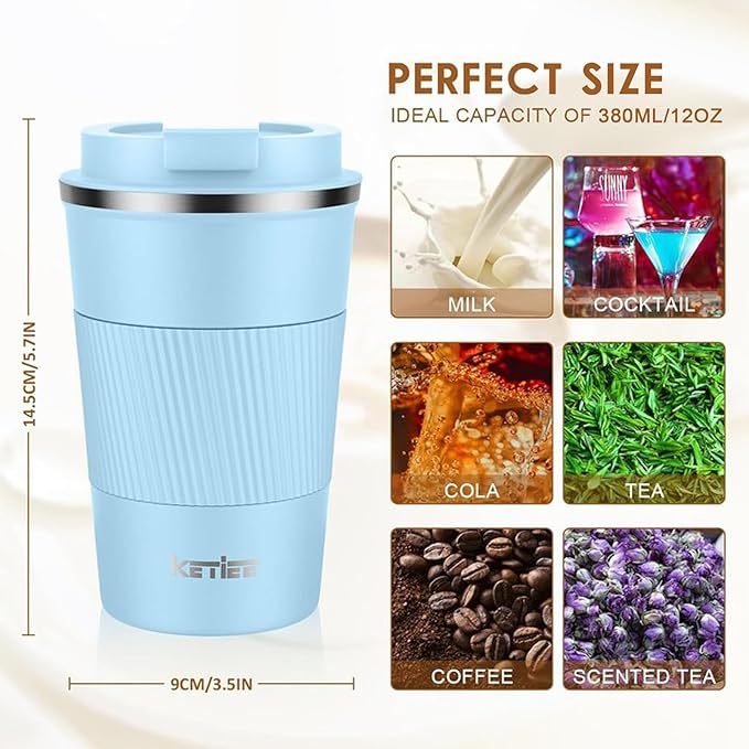 KETIEE Travel Coffee Mug 12oz: Insulated Coffee Cup with Leakproof Lid, Coffee Tumbler, Reusable Coffee Cups with Seal Lid, Vacuum Stainless Steel Coffee Mug to Go for Hot/Iced Water Tea