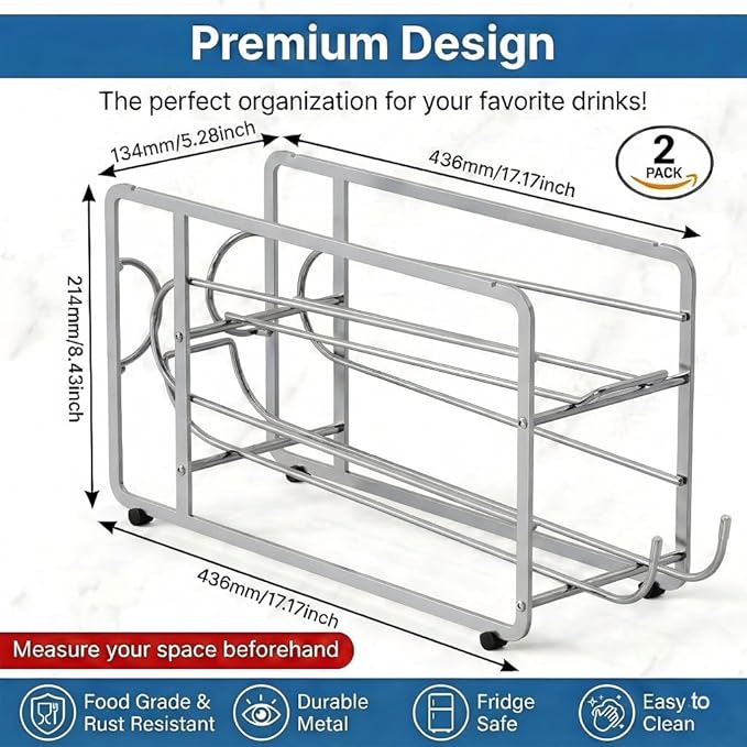 Soda Can Organizer Storage Rack, 2 Pack Stackable Beverage Soda Can Dispenser Organizer Holder for Refrigerator, Cabinet, Pantry (Silver)