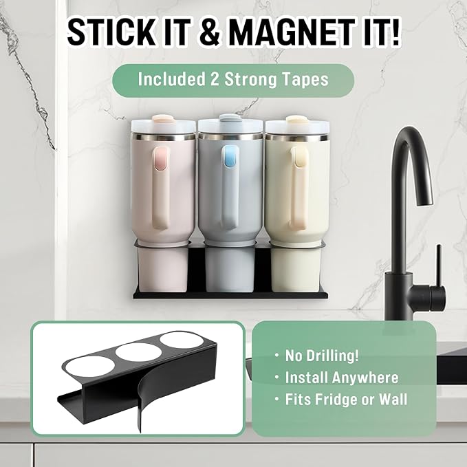 2 Pack Magnetic Stanley Cup Holder for Fridge, Water Bottle Organizer for Tumbler with Double Sided Tape Hold Stanley Cup Accessories for Kitchen Cabinet Wall
