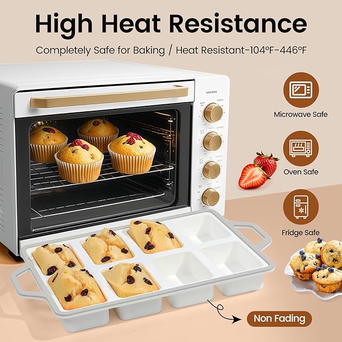 SJ Silicone Mini Loaf Pans with Metal Reinforced Frame-2 Pack, Non-stick Silicone Mini Bread Loaf Pans for Baking 8-Cavity, Tiny Banana Bread Set, Dishwasher Safe Brownie Pan-Gray