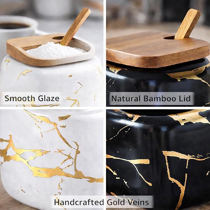2 Sets of Marble Ceramic Seasoning Jars Ceramic Sugar Bowl with Lids，Tray and Spoons (Black and White)