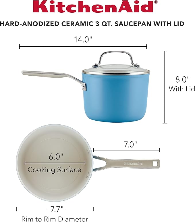 KitchenAid Hard Anodized Ceramic Nonstick Cookware Sauce Pan with Lid, 3 Quart - Blue Velvet