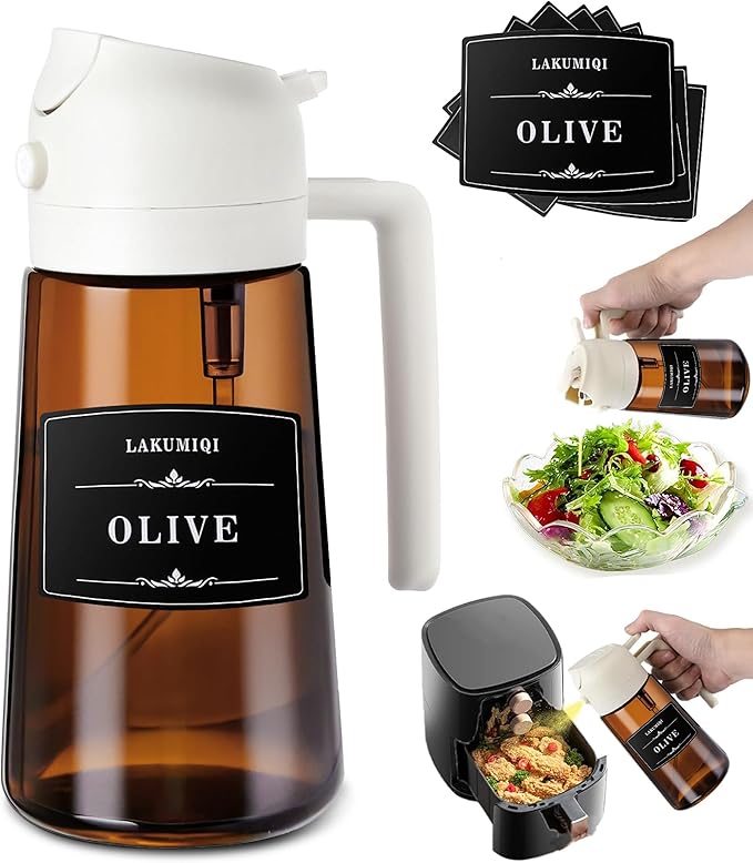 2 in 1 Oil Sprayer for Cooking, 16oz Olive Oil Dispenser Bottle for Kitchen, Food Grade Light-Blocking Leak Proof Glass Spray Bottle for Salad, Air Fryer, BBQ
