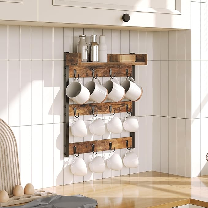 Coffee Mug Holder Stand, 3 Tier Mug Tree Rack, Hanging 12 Cups, with Top Shelf, for Kitchen, Dining Room, Living Room, Cafe, Rustic Brown MH42BR