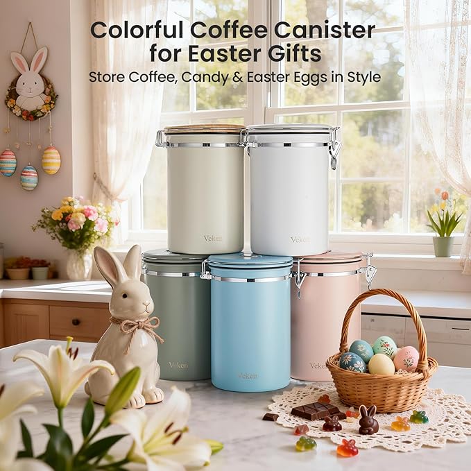Veken Coffee Canister, 39OZ Large, Airtight Stainless Steel Food Storage Container for 2.2lbs Coffee Beans, Ground, Sugar, Tea, Cookie, Flour, Kitchen Bar Accessories with Date Tracker & Scoop, Blue