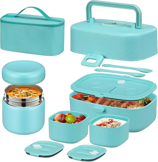 Bento Lunch Box with 8oz Soup Thermo, Kids Sustainable Bento Box Leakproof Lunch Food Containers with Lunch Bag, Kids Thermo Insulated Hot Food Jar for School, Trvael (Blue)