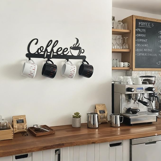 Aimto Black Metal Wall Mounted Coffee Mug Holder,with 4 Hooks and Metal Sign Modern Coffee Sign for Kitchen, Bar Station Accessories Decor