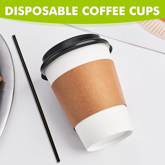 12 oz 50 Pack Disposable Paper Coffee Cups with Lids, Sleeves and Straws, Disposable Hot Cups for Coffee, Tea, Cocoa, Water