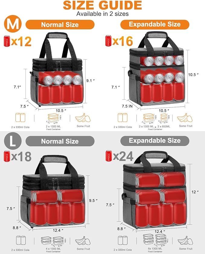Lunch Box For Men Women Double Deck Insulated Lunch Bag For Men Woman Leakproof Expandable Cooler Bag with Adjustable Shoulder Strap for Work Picnic School(Gray‌,Medium)