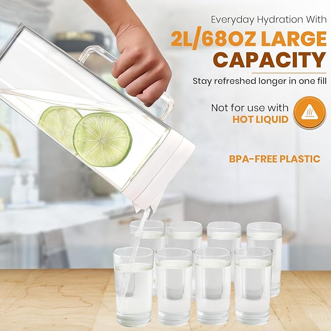 [2-PACK] SlimFit 64oz Water Pitcher for Fridge Door – Leakproof Drink Pitcher with Lid, Juice, Iced Tea, Cold Brew & Parties, BPA-Free Plastic, White