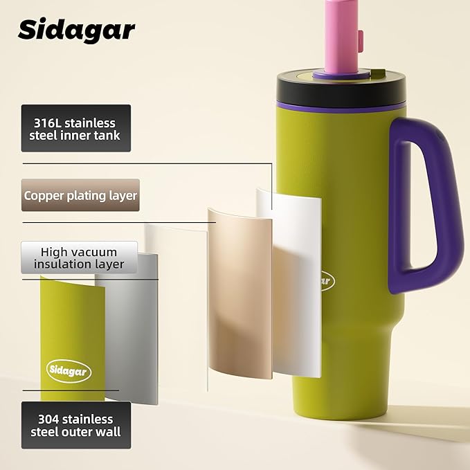 Tumbler with Handle,36 oz Ceramic Lined Travel Mug Water Bottle with Straw,Vacuum Insulated Stainless Steel Cup with Lid,Fits Cup Holder, Leak Resistant Press-in Lid,Green