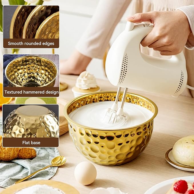 Gold Mixing Bowls Hammered Mixing Bowl Set, Stainless Steel Golden Finish Decorative Serving Bowls for Kitchen, 3 Piece Salad Bowl for Prepping Cooking Baking Serving Gold Serving Bowls for Home Decor