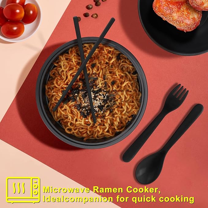 Ramen Bowl Set, Ramen Cooker 33 oz, Ramen Bowls with Chopsticks and Spoon, Microwave Pasta Cooker, College Dorm Essentials for Girls Guys (Black)