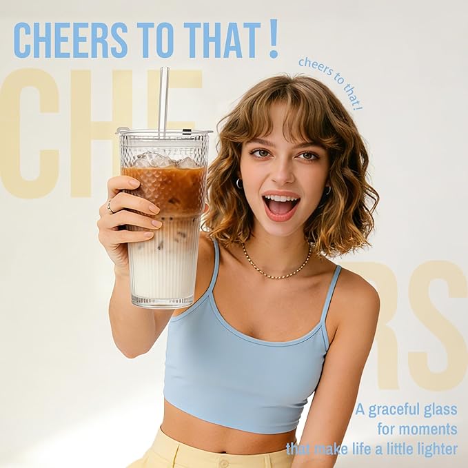 20oz Glass Tumblers with Lids and Straws, Set of 2 - Stylish Ribbed Design Drinking Glasses for Iced Coffee Cups, Juice, Smoothies, Cold Beverages, Includes Cleaning Brush, Durable Glassware