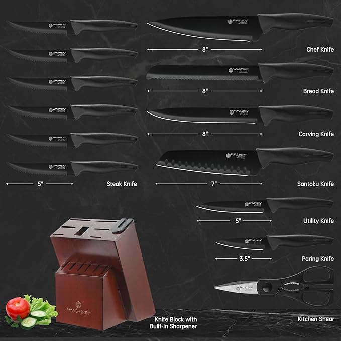 Wanbasion 15Pcs Kitchen Knife Block Set with Sharpener, Sharp Kitchen Knives Set with Block, Stainless Steel Knife Set with Block Dishwasher Safe Black