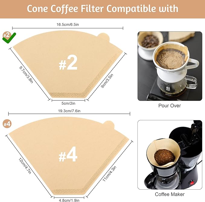 Coffee Filters 2, 100 Count Disposable #2 Cone Coffee Filter Unbleached Natural Coffee Filters 2 Cone Paper for Pour Over Coffer Makers/Coffee Dripper Cones(2-6 Cups）