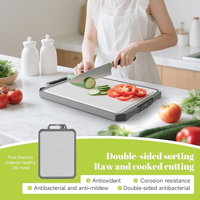 1 PCS Titanium Cutting Board,1 side Titanium Other side Wheat Straw PP, Double Sided Non Toxic Chopping Board for Kitchen, Food Grade, Scratch Resistant Mesh Design, 17.2"*12" Large Size
