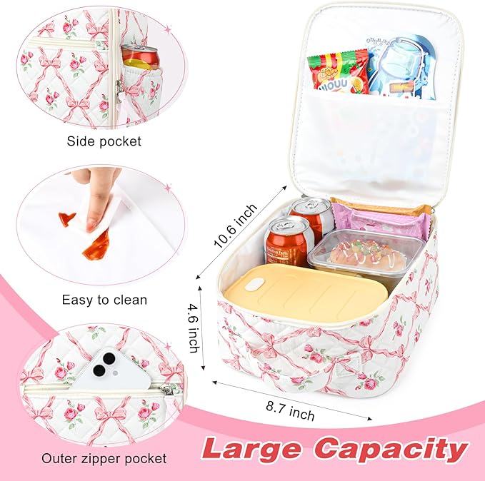 Aileam Lunch Box Lunch Bag for Women Cute Girls Insulated Womens Lunch Bag For Work Quilted Large Capacity Reusable Insulated Cooler for Work School Picnic Travel BOWS & ROSES