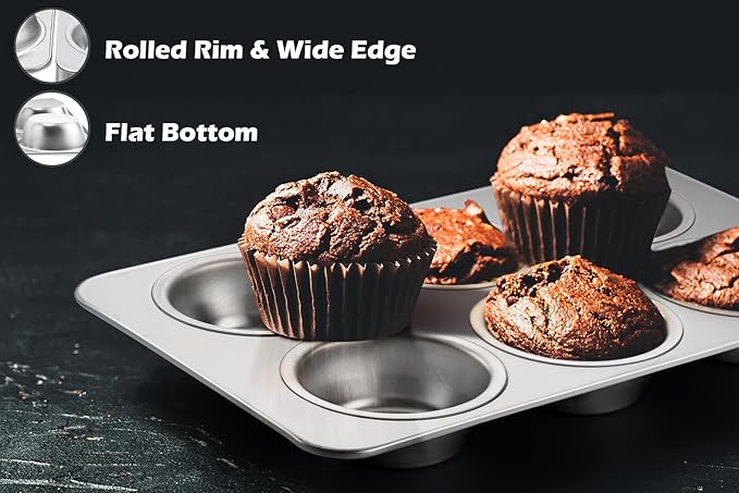 Leonyo 2 Pack 6-Cup Muffin Pans, Stainless Steel Standard Size Cupcake Pans Tray for Baking, Metal Non-Toxic Muffin Tins, Dishwasher Oven Safe