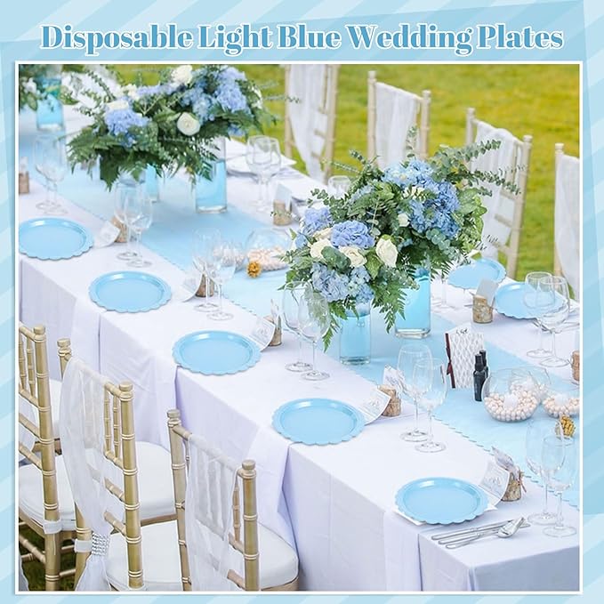 30 Pcs Light Blue Plates, Boy Baby Shower Decorations 9 Inch Scalloped Baby Blue Dessert Party Plate Cute Paper Plate for Easter Party, Birthday, Wedding, Bridal Shower
