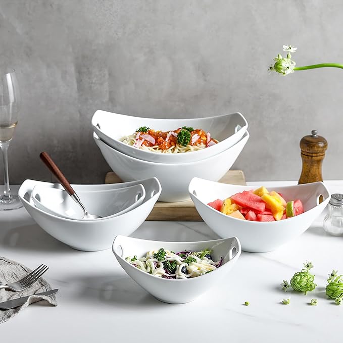 3 Piece Serving Bowls with Handle, Porcelain Serving Dishes, for Entertaining, Party, Housewarming, Christmas, Baby Shower, Microwave, and Dishwasher Safe, 15/28/47 oz, White