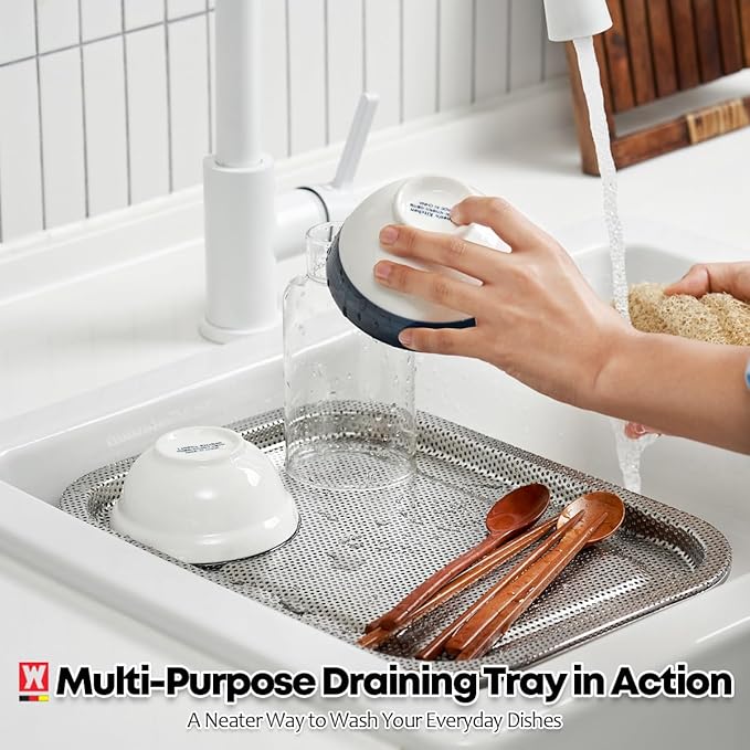 Stainless Steel Colander Tray for Washing-Up Bowl, Multipurpose Rinse Strainer & Dish Drying Rack, Perforated Sink Lid for Vegetables & Fruits (Colander Lid)