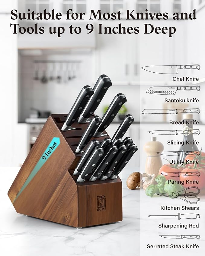 Cook N Home Acacia Wood Knife Storage Block without Knives, 20 Slot Universal Knife Holder Countertop Butcher Block Knife Stand for Easy Kitchen Storage