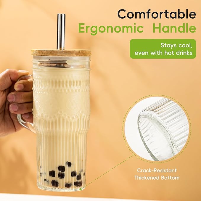 Glass Cups with Bamboo Lids and Straws, 24oz Glass Tumbler with Handle, Stainless Steel Straws & Cleaning Brushes – Boho Pattern Iced Coffee Cup for Smoothies, Tea, and Gifts, Set of 2
