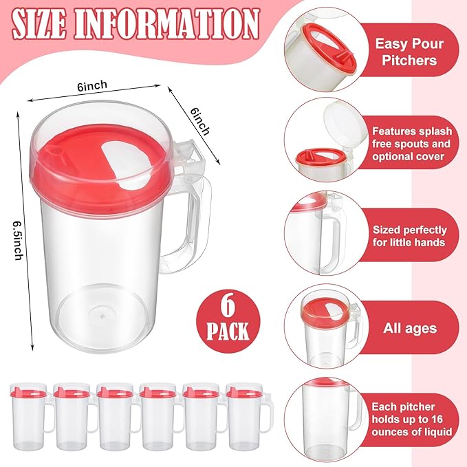 6 Pack Early Learning Kids Easy Pouring Mini Pitchers Clear Plastic Pitcher with Lid and Handle Easy Pour Bottles 16 Oz. Jugs with Lids for Classroom Nursery Home (Red)