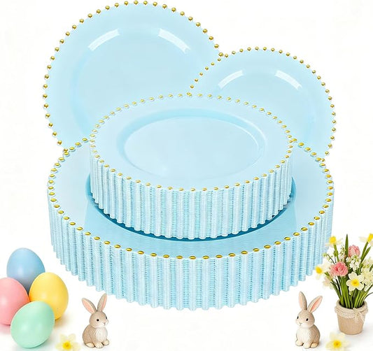 EI 60pcs Blue Plastic Plates,Dispoable Heavy Duty Plastic Plates with Gold Rim,Baby Blue 10" Dinner & 7" Dessert Plate,Fancy Elegant Plate for Party,Birthday,Afternoon Tea