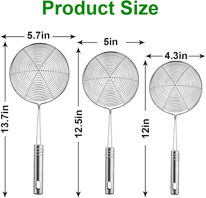 Spider Strainer Set of 3 Asian Strainer Ladle Stainless Steel Wire Skimmer Spoon with Handle for Kitchen Frying Food, Pasta, Spaghetti, Noodle-30.5cm, 32cm, 35cm