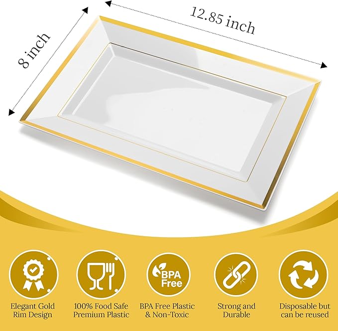 Mint Living-Elegant Plastic Serving Tray & Platter Set (3pk)-White & Gold Rim Disposable Serving Trays & Platters for Food - Weddings, Parties, Dessert Table, Cupcakes - 8x13 inches (White + Gold)