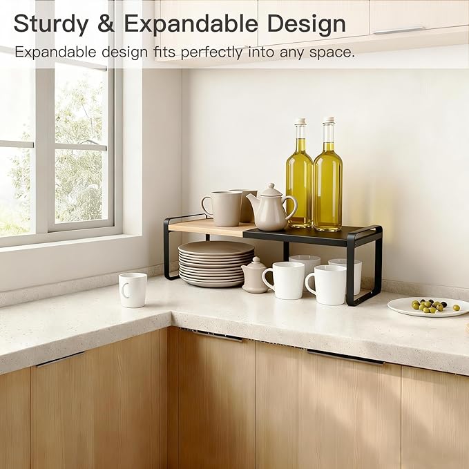Expandable Kitchen Counter Shelf Organizer, Black Coffee Bar Accessories & Station Decor, Industrial Cabinet Riser with [Secure Interlocking Design], Heavy Duty Metal Rack for Mugs (Bamboo/Black)