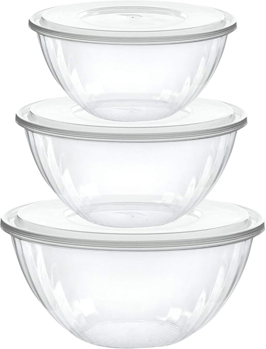PLASTICPRO Disposable Combo Set of Salad Bowl With Lids Includes 2, 48 Ounce 2, 96 oz 2, 150 Ounce Round Crystal Clear Plastic Serving Bowl