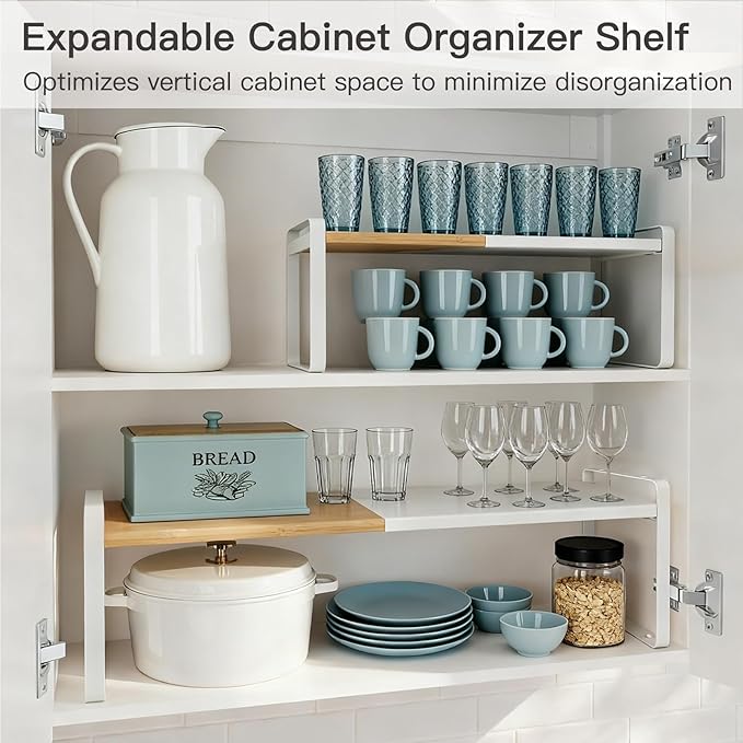 Expandable Cabinet Shelf Organizer & Spice Rack, Stackable Kitchen Counter Riser with Anti-Slip Legs, Bamboo Cupboard Storage for Dish, Plate & Canned Food, Small Shoe Rack for Closet (White)